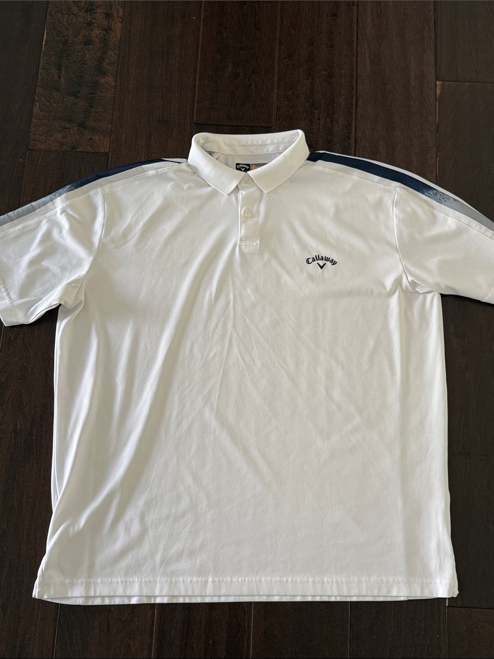 Callaway White Polo with Navy and Gray Shoulder Stripes